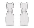 Dress sheath technical fashion illustration with sleeveless, natural waistline, knee length skirt. Flat apparel front