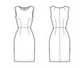 Dress sheath technical fashion illustration with sleeveless, natural waistline, knee length skirt. Flat apparel front