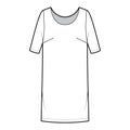 Dress shift chemise technical fashion illustration with medium sleeves, oversized body, knee length pencil skirt. Flat