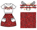 Dress skirt pattern design for girls. Red leopard stains and modern shirt print set.