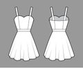 Dress strap technical fashion illustration fitted body, above-the-knee mini length circular skirt, natural waistline