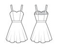 Dress strap technical fashion illustration fitted body, above-the-knee mini length circular skirt, natural waistline