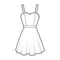 Dress strap technical fashion illustration fitted body, above-the-knee mini length circular skirt, natural waistline