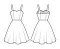 Dress strap technical fashion illustration fitted body, knee length circular skirt, natural waistline Flat apparel front
