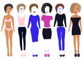 Dress up paper doll in dresses, pants, t-shirt, shoes, glasses, underwear and and change hair and lips