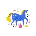 Dressage horse. Blue stallion walking on abstract