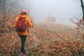 Dressed bright orange jacket young female backpacker walking by the touristic path using trekking poles in autumn foggy forest.