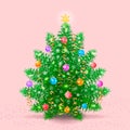 Dressed Christmas tree with colored Christmas balls, confetti and serpentine on a pink background. Illustration. Royalty Free Stock Photo