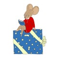 Dressed mouse sits on a big christmas gift box and reads a book
