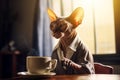 Dressed sphinx cat drinking coffee at home in morning sunlight. AI generated