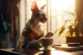 Dressed sphinx cat drinking coffee at home in morning sunlight. AI generated