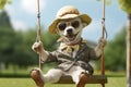 Dressed in stylish attire and donning glasses, the little dog joyfully swings on the whimsical swing. Ai generated