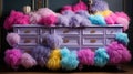 A dresser with many colorful pom poms on it, AI