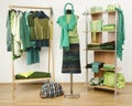 Dressing closet with green clothes arranged on hangers and shelf.