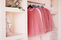 Dressing closet with pink clothes on hanger. The wardrobe is full of pink skirts