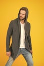 Dressing with confidence. Confident man yellow background. Handsome guy wear casual style. Confident look of fashion