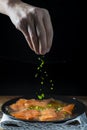 Dressing gravlax salmon with olive oil and dill Royalty Free Stock Photo