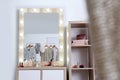 Dressing room interior with makeup mirror, table Royalty Free Stock Photo