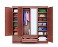 Open closet made of dark wood, clothes. Closet compartment. 3d illustration