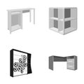 Dressing table, corner shelves, computer desk, wardrobe with glass. Bedroom furniture set collection icons in monocrome