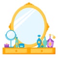 Dressing table with mirror and drawers, female boudoir with cosmetics and perfume. Vector illustration in flat style