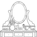 Dressing table with mirror, female boudoir for applying makeup, coloring, sketch, contour black and white drawing, vector illustra