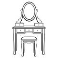 Dressing table with mirror, female boudoir for applying makeup, coloring, sketch, contour black and white drawing, vector illustra