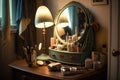 dressing table with mirror and hairdryer, ready for the morning routine