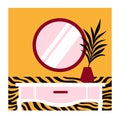 Dressing table, mirror and house plant, striped tiger wallpaper. Yellow interior. Flat hand drawn vector illustration