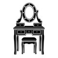 Dressing table with mirror icon, logo, female boudoir for makeup silhouette, black and white drawing, vector illustration. Table w