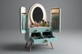 dressing table with mirror, lighted makeup mirrors and hair styling tools