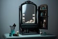 dressing table with mirror, lighted makeup mirrors and hair styling tools