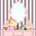 Dressing table with mirror with lights, female boudoir for applying makeup, flat drawing, vector illustration. Pink table and mirr