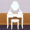 Dressing table with mirror with lights, female boudoir for applying makeup, flat drawing, vector illustration. White elegant table