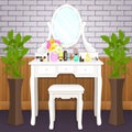 Dressing table with mirror with lights, female boudoir for applying makeup, flat drawing, vector illustration. White table and mir