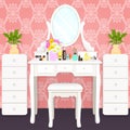 Dressing table with mirror with lights, female boudoir for makeup, flat drawing, vector illustration