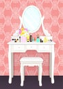 Dressing table with mirror with lights, female boudoir for makeup, flat drawing, vector illustration. White table and mirror with