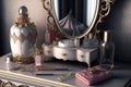 dressing table with mirror and luxurious accessories, such as jewelry, perfume bottles and hair accessories