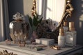 dressing table with mirror and luxurious accessories, such as jewelry, perfume bottles and hair accessories