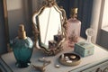 dressing table with mirror and luxurious accessories, such as jewelry, perfume bottles and hair accessories