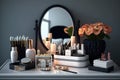 dressing table with mirror and makeup accessories, showing the full range of beauty essentials