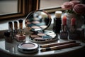 dressing table with mirror and makeup accessories, showing the full range of beauty essentials