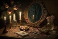 dressing table with mirror surrounded by candlelight and rose petals