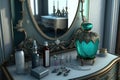 dressing table with mirror, tray for jewelry and perfume bottles, and view of the room