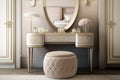 dressing table with mirror and vanity stool in elegant bedroom