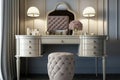 dressing table with mirror and vanity stool in elegant bedroom