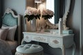 dressing table with mirror and vanity stool in elegant bedroom