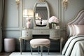 dressing table with mirror and vanity stool in elegant bedroom