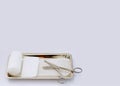 Dressing wound set ,scissors ,roll gauze ,pad gauze,tray on whit Royalty Free Stock Photo