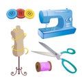 Dressmaker colorful doodle illustrations collection in vector. Colorful dressmaker icons collection. Sewing tools